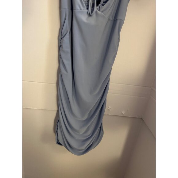 Windsor Blue Ruched Bodycon Sz S Mini Dress Puff Sleeve Square Neck Tie Front Pa - Picture 8 of 9